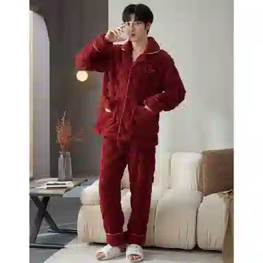 莫代尔 保暖亲肤舒适蓄热透气简约时尚家居服长袖长裤可外穿不臃肿开衫睡衣套装 男女同款 红色