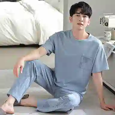 莫代尔 柔软舒适亲肤透气微弹耐磨吸湿排汗短袖松紧裤腰不勒腹长裤可居家休闲可外穿睡衣套装 男款 粉蓝色