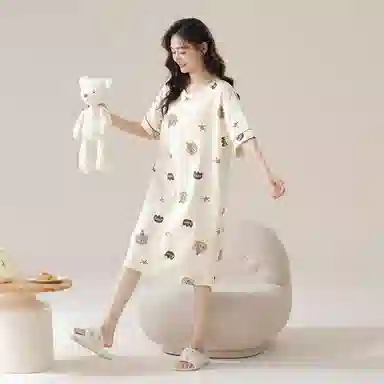 莫代尔 简约柔软舒适细腻透气耐磨微弹带胸垫防凸点亲肤休闲可外穿短袖睡裙 女款 杏色