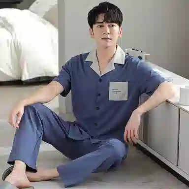 莫代尔 柔软舒适透气亲肤微弹耐磨吸汗开衫短袖松紧裤腰不勒腹长裤可居家休闲可外穿睡衣套装 男款 灰蓝色