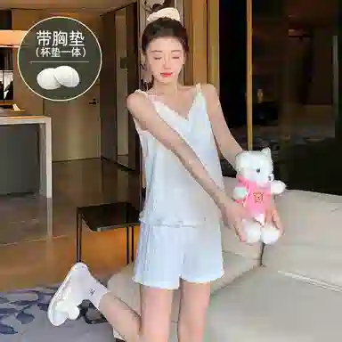 莫代尔 百搭细腻带胸垫防凸点吊带上衣家居服可外穿三分裤夏季睡衣套装 女款 白色
