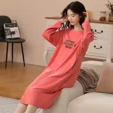 莫代尔 亲肤舒适纯色印花满印长袖居家休闲可外穿睡裙 女款 西瓜红