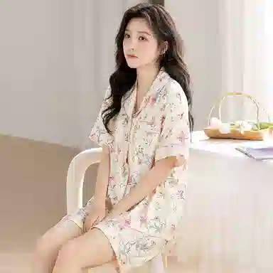 莫代尔 气质休闲百搭翻领开衫舒适亲肤透气柔软带胸垫防凸点家居服可外穿睡衣套装 女款 杏色