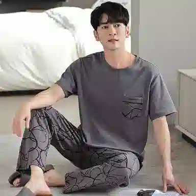 莫代尔 舒适亲肤柔软透气微弹耐磨圆领短袖松紧裤腰不勒腹长裤可居家休闲可外穿睡衣套装 男款 灰色