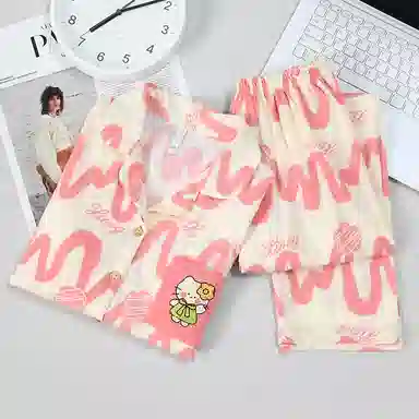 莫代尔 舒适柔软翻领开衫气质时尚百搭防凸点长袖可外穿春秋季睡衣套装 女款 粉色