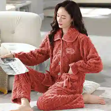 莫代尔 舒适透气宽松不臃肿显瘦亲肤细腻长袖上衣不勒腹可外穿家居服加厚保暖长裤秋冬睡衣套装 女款 橙红色
