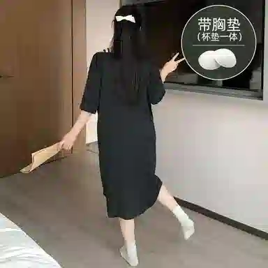 莫代尔 简约轻盈透气休闲短袖气质百搭时尚带胸垫防凸点宽松可外穿夏季睡裙 女款 黑色