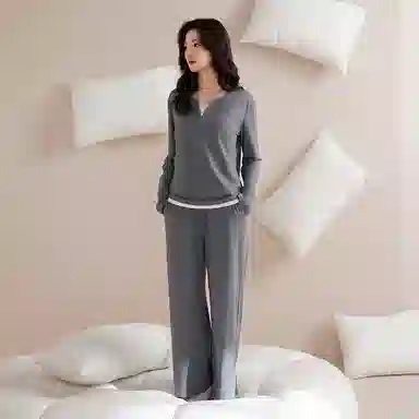 莫代尔 宽松百搭舒适亲肤圆领套头气质轻柔细腻长袖长裤可外穿夏季睡衣套装 男女同款