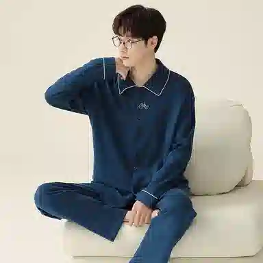 莫代尔 细腻微弹柔软吸湿排汗耐磨亲肤舒适长袖长裤居家休闲可外穿睡衣套装 男 藏青色