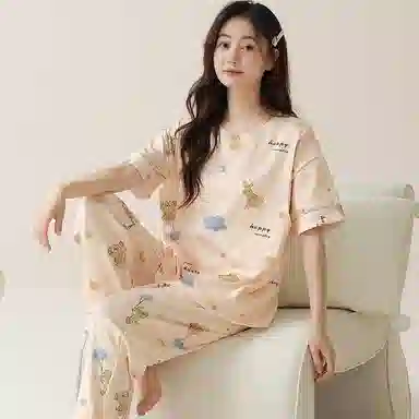 莫代尔 韩版舒适亲肤柔软轻盈透气休闲微弹圆领短袖长裤时尚家居月子服可外穿睡衣套装 女款 杏色