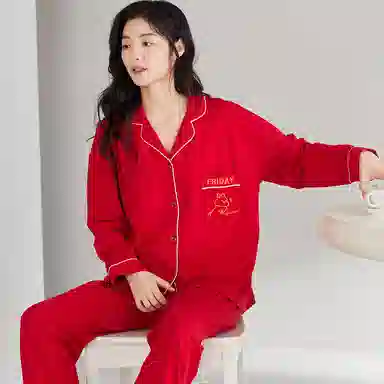 莫代尔 时尚开衫显瘦长袖长裤简约亲肤舒适家居服可外穿睡衣套装 男女同款 红色