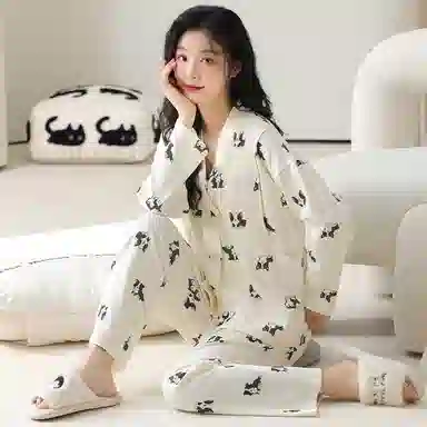 莫代尔 舒适亲肤开衫长袖长裤卡通满印孕妇月子服睡衣套装 女款 杏色