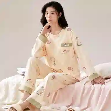 莫代尔 舒适柔软带胸垫防凸点上衣口袋透气亲肤长袖弹力裤腰不勒腹长裤可居家休闲外穿睡衣套装 女款 杏色