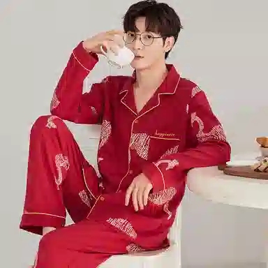 莫代尔 简约亲肤舒适时尚开衫长袖长裤家居服可外穿睡衣套装 男女同款 红色