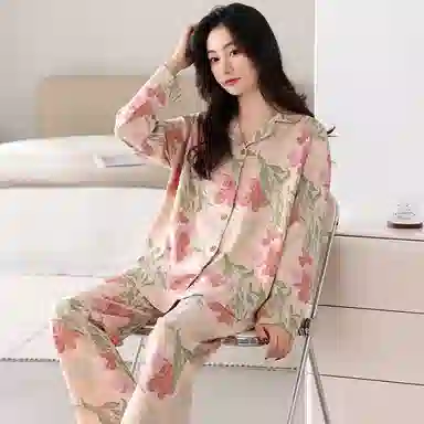 莫代尔 舒适简约亲肤休闲可外穿长袖睡衣套装 女款 桃色