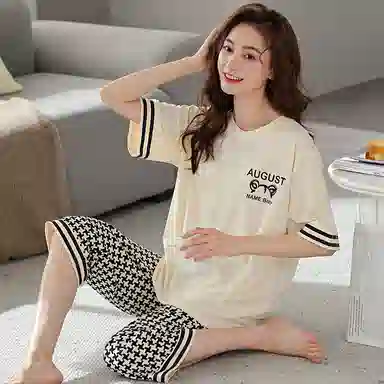 莫代尔 舒适亲肤细腻柔软透气微弹耐磨吸湿排汗短袖弹力裤腰不勒腹七分裤休闲可外穿睡衣套装 女款 杏色