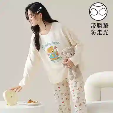 莫代尔 简约时尚耐磨透气亲肤免穿文胸圆领套头长袖长裤睡衣套装 女款 白色