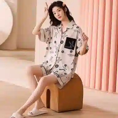 莫代尔 可外穿亲肤柔软圆领细腻简约休闲短袖春夏季睡衣套装 男女同款