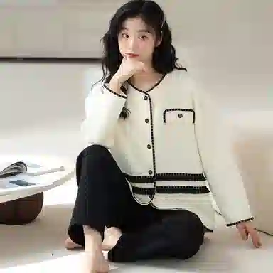 莫代尔 简约柔软细腻舒适蓄热开衫长袖弹力裤腰长裤休闲可外穿睡衣套装 女款 乳白色