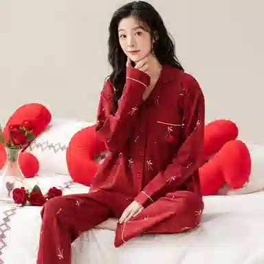莫代尔 保暖储温细腻亲肤长袖长裤家居服可外穿睡衣套装 男女同款 红色