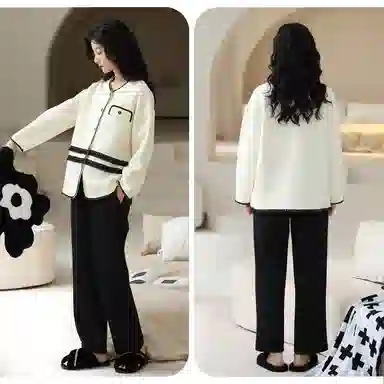 莫代尔 简约柔软细腻舒适蓄热开衫长袖弹力裤腰长裤休闲可外穿睡衣套装 女款 乳白色