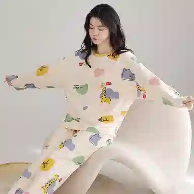 莫代尔 舒适柔软透气亲肤耐磨吸湿排汗长袖长裤不勒腹可居家休闲可外穿睡衣套装 女款 杏色