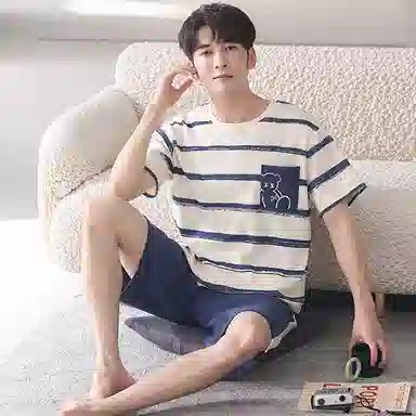 莫代尔 薄款韩版卡通条纹短袖五分裤家居服可外穿睡衣套装 男款 杏色