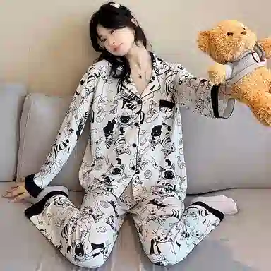 莫代尔 简约卡通满印甜美时尚亲肤舒适开衫翻领长袖可外穿休闲长裤睡衣套装 女款 杏色