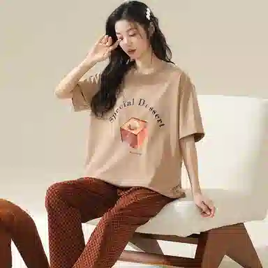 莫代尔 百搭舒适轻盈透气圆领套头时尚柔软亲肤细腻不易起球短袖长裤可外穿夏季睡衣套装 女款 棕色