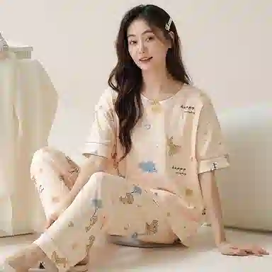 莫代尔 韩版舒适亲肤柔软轻盈透气休闲微弹圆领短袖长裤时尚家居月子服可外穿睡衣套装 女款 杏色