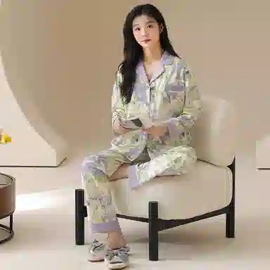 莫代尔 舒适亲肤开衫翻领长袖长裤韩版满印甜美时尚家居服可外穿睡衣套装 女款 杏色