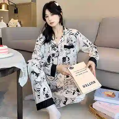 莫代尔 简约卡通满印甜美时尚亲肤舒适开衫翻领长袖可外穿休闲长裤睡衣套装 女款 杏色