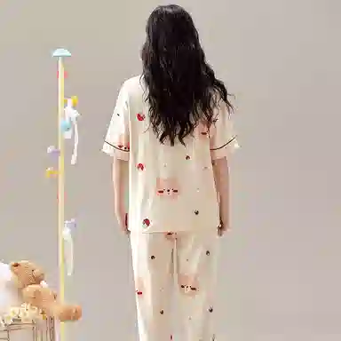 莫代尔 夏季印花图案舒适圆领短袖透气可外穿居家长裤睡衣套装 女款 杏色