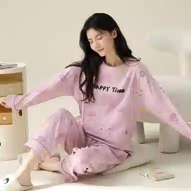 莫代尔 亲肤带胸垫防凸点套头圆领长袖长裤韩版卡通熊满印可外穿睡衣套装 女款 香芋紫