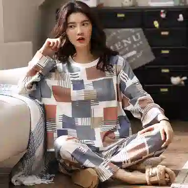 莫代尔 简约花色亲肤柔软微弹吸湿排汗宽松舒适细腻透气长袖长裤可居家休闲可外穿睡衣套装 女 白色