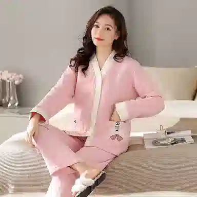 莫代尔 简约舒适保暖蓄热亲肤时尚开衫长袖气质休闲不易起球长裤睡衣套装 女款 粉红色