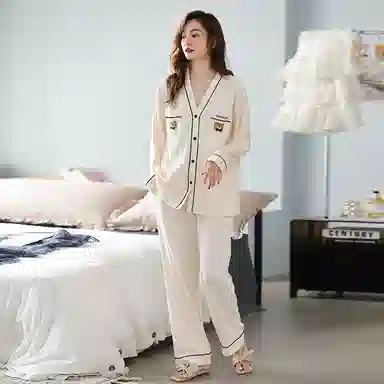 莫代尔 纯棉细腻纽扣不伤手舒适亲肤柔软透气微弹开衫长袖松紧裤腰不勒腹长裤居家休闲可外穿睡衣套装 女款 杏色