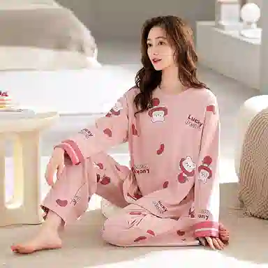 莫代尔 亲肤舒适套头圆领长袖长裤卡通时尚满印家居服可外穿睡衣套装 女款 粉色