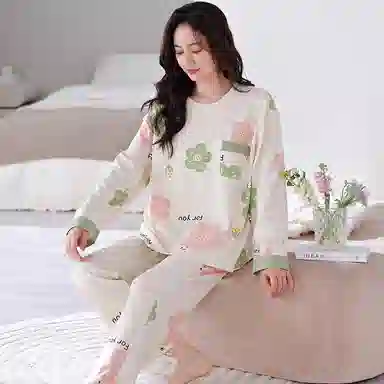 莫代尔 圆领长袖长裤小清新俏皮甜美亲肤柔软细腻轻薄透气春秋季睡衣套装 女款 白色