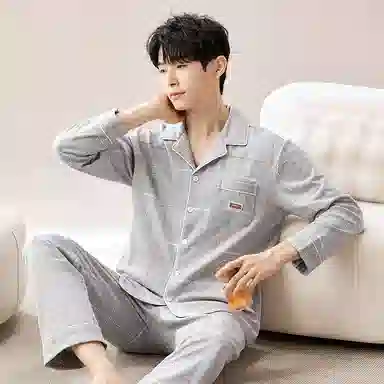 莫代尔 舒适透气柔软亲肤细腻纯棉宽松微弹耐磨开衫长袖中腰长裤可居家休闲外穿睡衣套装 男款 银色