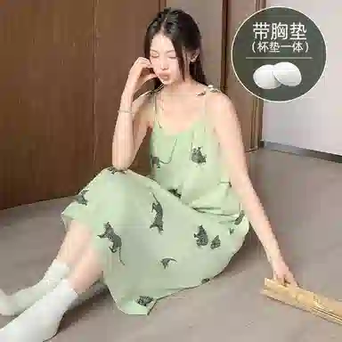 莫代尔 休闲舒适清新时尚亲肤细腻带胸垫防凸点无束缚无袖吊带可外穿家居睡裙 女款 绿色
