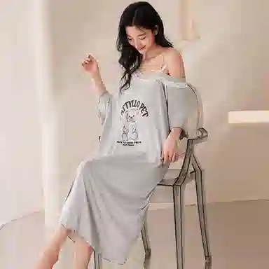 莫代尔 时尚个性简洁韩版休闲舒适轻盈透气带胸垫防凸点短袖睡裙 女款 灰色