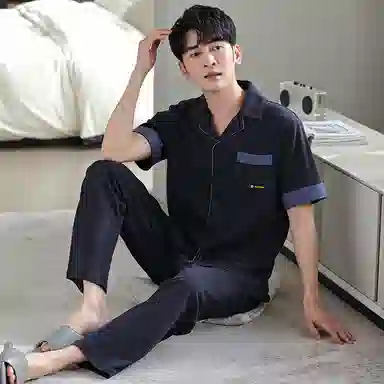 莫代尔 柔软舒适透气亲肤耐磨微弹吸汗开衫翻领短袖松紧裤腰不勒腹长裤可居家休闲可外穿睡衣套装 男款 黑色