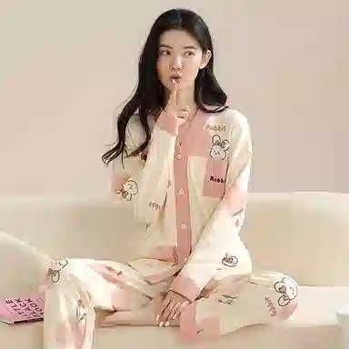 莫代尔 亲肤舒适长袖不勒腹长裤可居家休闲可外穿睡衣套装 女款 杏色