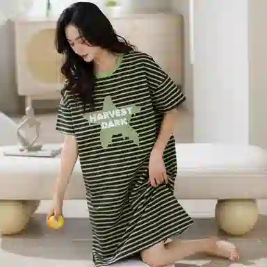 莫代尔 轻盈透气个性百搭圆领套头舒适柔软亲肤清新时尚短袖可外穿夏季睡裙 女款 绿色