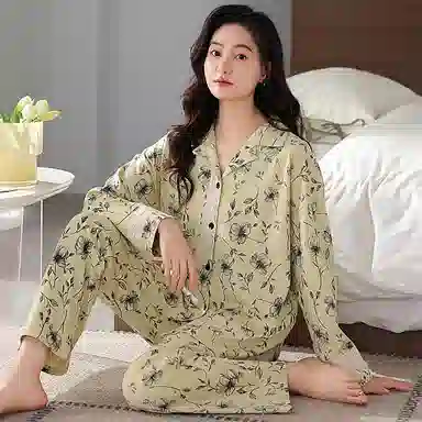 莫代尔 亲肤透气柔软舒适开衫长袖长裤睡衣套装 女款 抹茶色