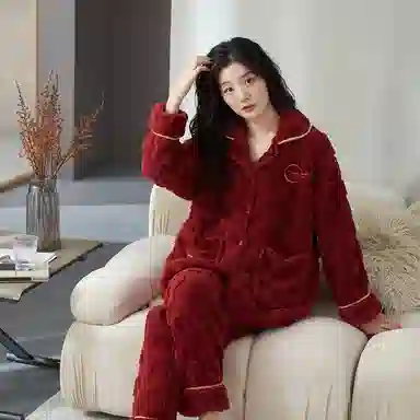 莫代尔 保暖亲肤舒适蓄热透气简约时尚家居服长袖长裤可外穿不臃肿开衫睡衣套装 男女同款 红色