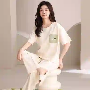 莫代尔 舒适柔软亲肤细腻百搭圆领简约个性大方轻盈透气无束缚短袖长裤家居服可外穿睡衣套装 女款