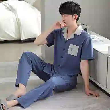 莫代尔 柔软舒适透气亲肤微弹耐磨吸汗开衫短袖松紧裤腰不勒腹长裤可居家休闲可外穿睡衣套装 男款 灰蓝色