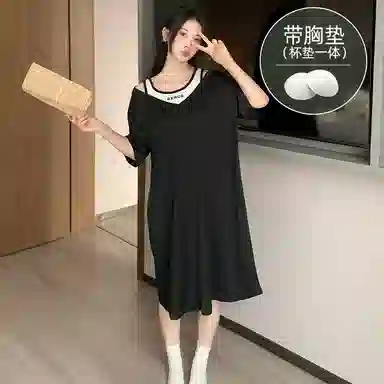 莫代尔 简约轻盈透气休闲短袖气质百搭时尚带胸垫防凸点宽松可外穿夏季睡裙 女款 黑色